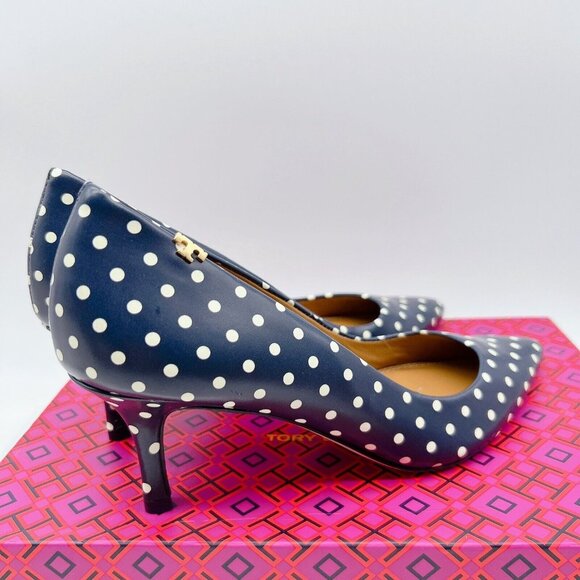 Tory Burch Penelope 65MM Polka A Dot Pointed Toe Heel Pump Blue Leather US 6 - Picture 6 of 9